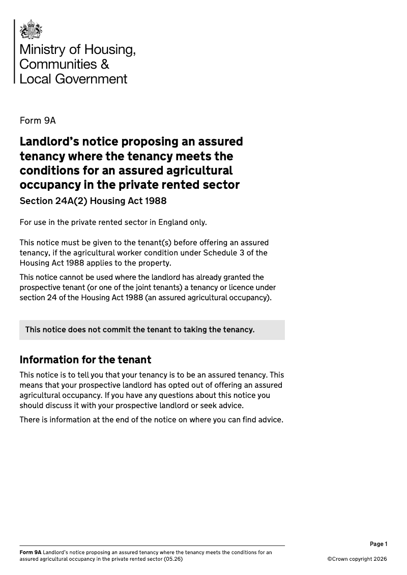 LT49 Landlord s notice proposing an assured tenancy where the tenancy meets the conditions for an assured agricultural occupancy in the private rented sector Section 24A 2 Housing Act 1988 [Form 9A] electronic signature available preview